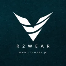 Logo R2 Wear na teksturowanym, ciemnoturkusowym tle, z adresem strony internetowej.