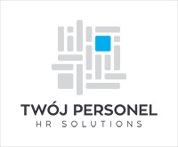 Logo firmy 'Twój Personel HR Solutions' z abstrakcyjnym motywem szarych i niebieskich bloków.