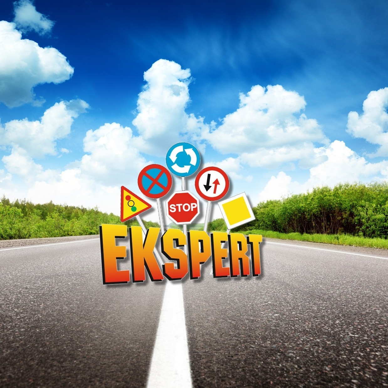 Asfaltowa droga z linią ciągłą, nad którą unoszą się znaki drogowe oraz napis 'EKSPERT' w pomarańczowo-żółtej kolorystyce, na tle błękitnego nieba z chmurami.