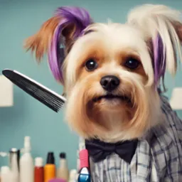 Uczesany pies rasy yorkshire terrier z fioletowymi pasemkami, ubrany w koszulę w kratę i czarną muszkę, podczas strzyżenia grzebieniem w salonie.