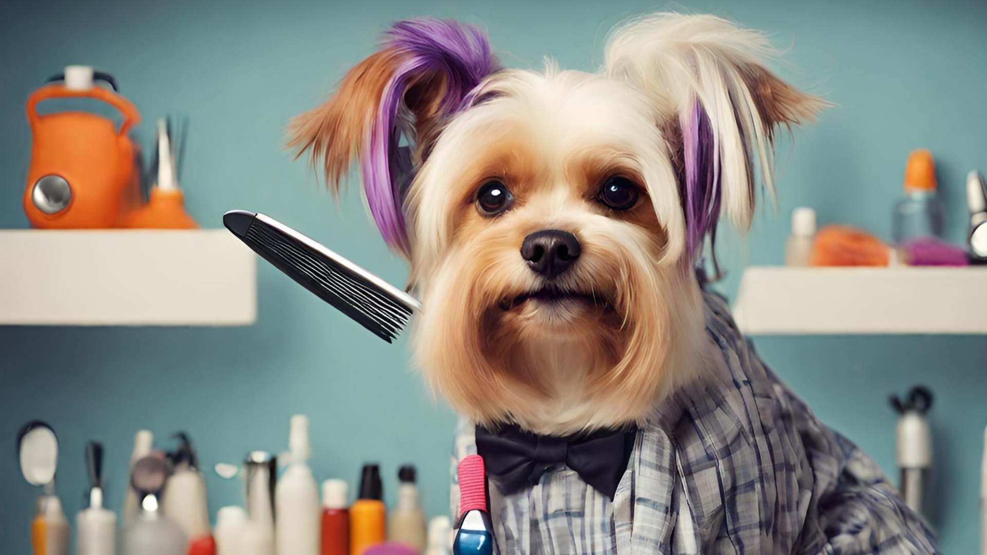 Uczesany pies rasy yorkshire terrier z fioletowymi pasemkami, ubrany w koszulę w kratę i czarną muszkę, podczas strzyżenia grzebieniem w salonie.