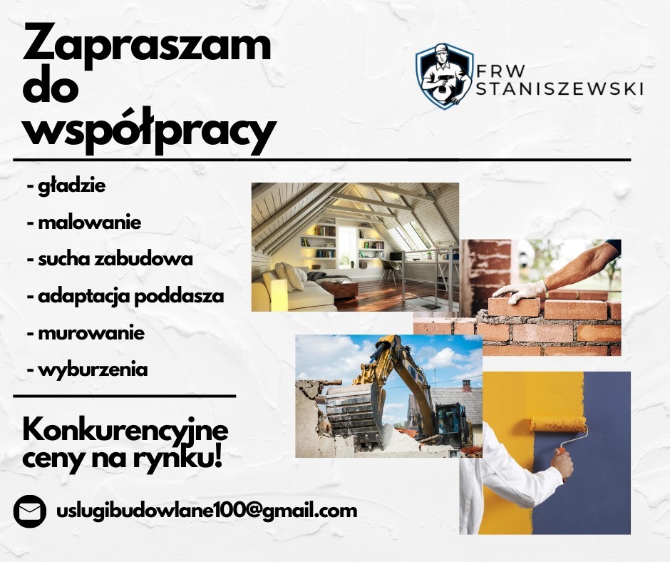 Grafika reklamowa firmy budowlanej FRW Staniszewski, prezentująca zakres usług: wykończenie poddasza, murowanie cegieł, prace rozbiórkowe i malowanie ścian. Oferta z konkurencyjnymi cenami...
