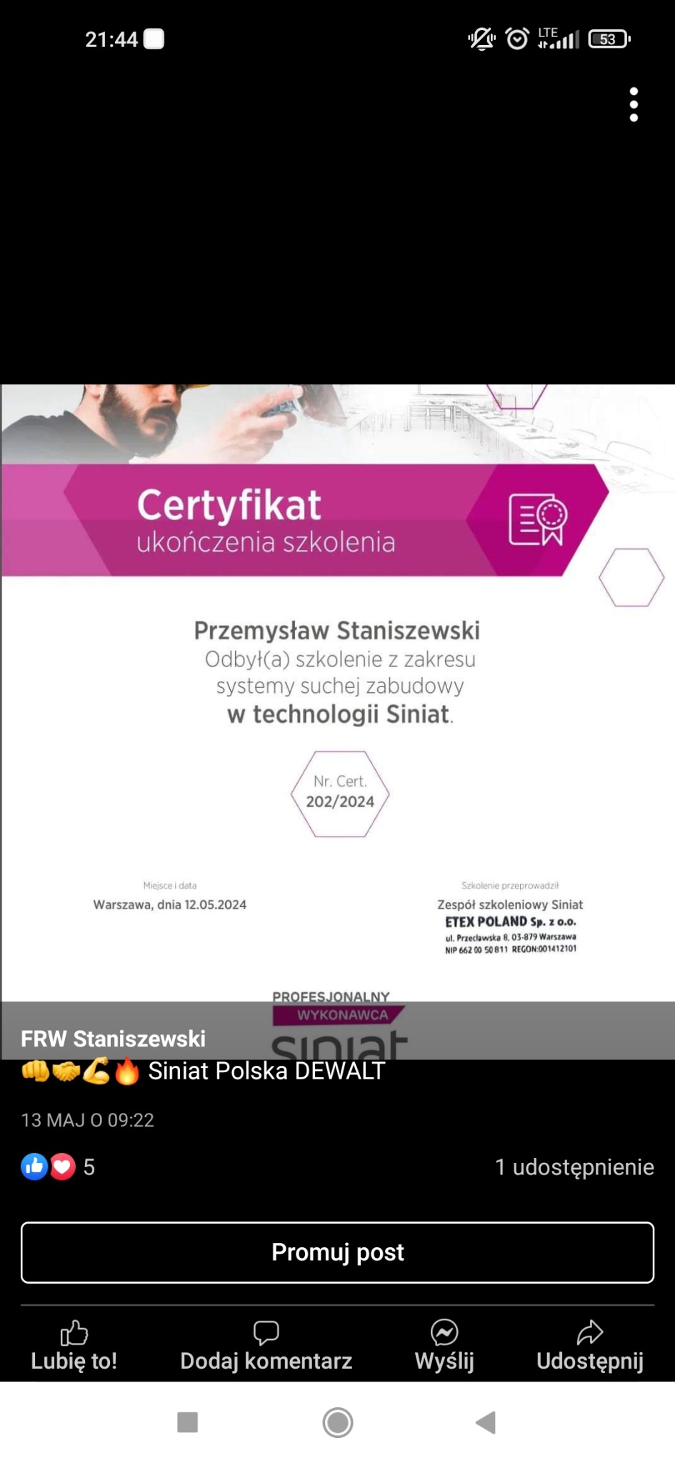 Skan certyfikatu ukończenia szkolenia z zakresu systemów suchej zabudowy w technologii Siniat, wystawionego dla Przemysława Staniszewskiego, z datą 12.05.2024, numer 202/2024, z logo Siniat Polska...