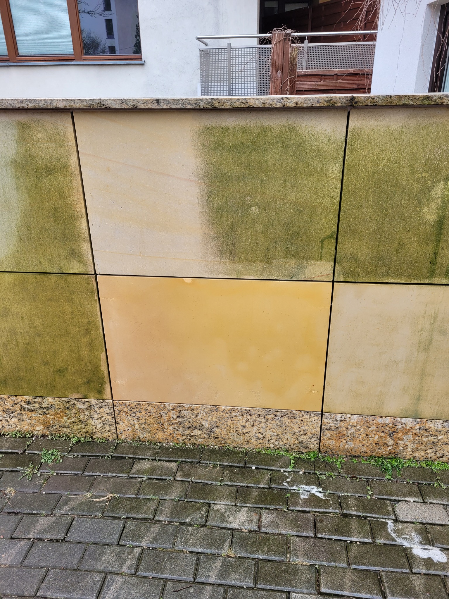 Zabrudzona, kwadratowa elewacja budynku z widocznymi plamami zielonego nalotu, z kostką brukową u dołu kadru.