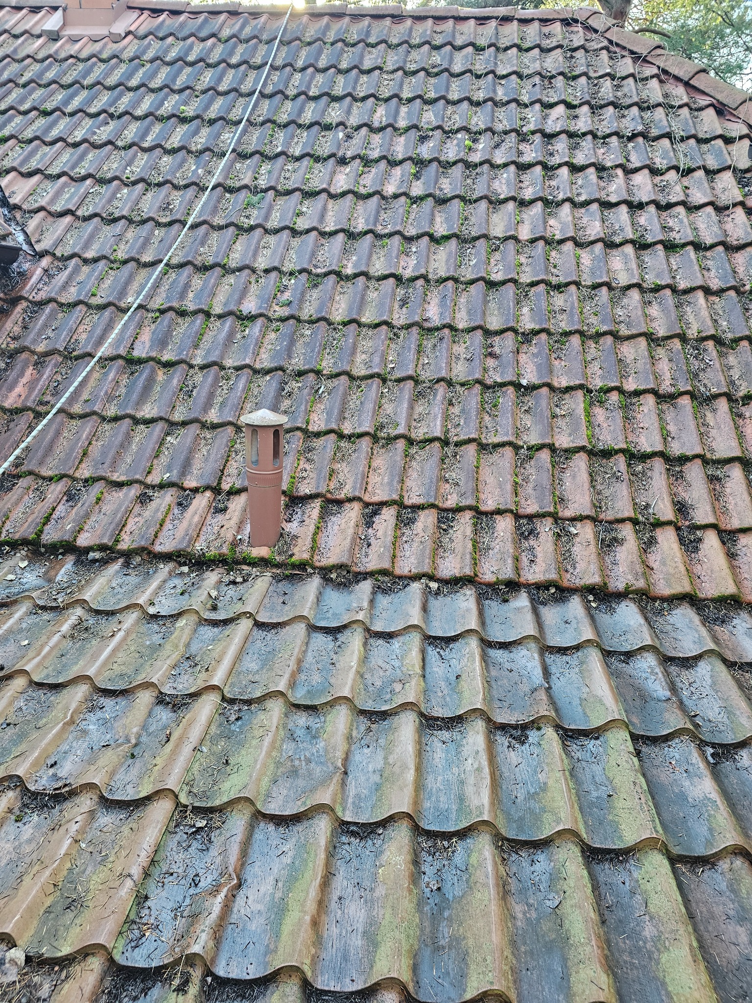 Zabrudzony dach z dachówki ceramicznej, pokryty mchem i drobnymi gałązkami, z widocznym kominkiem wentylacyjnym.