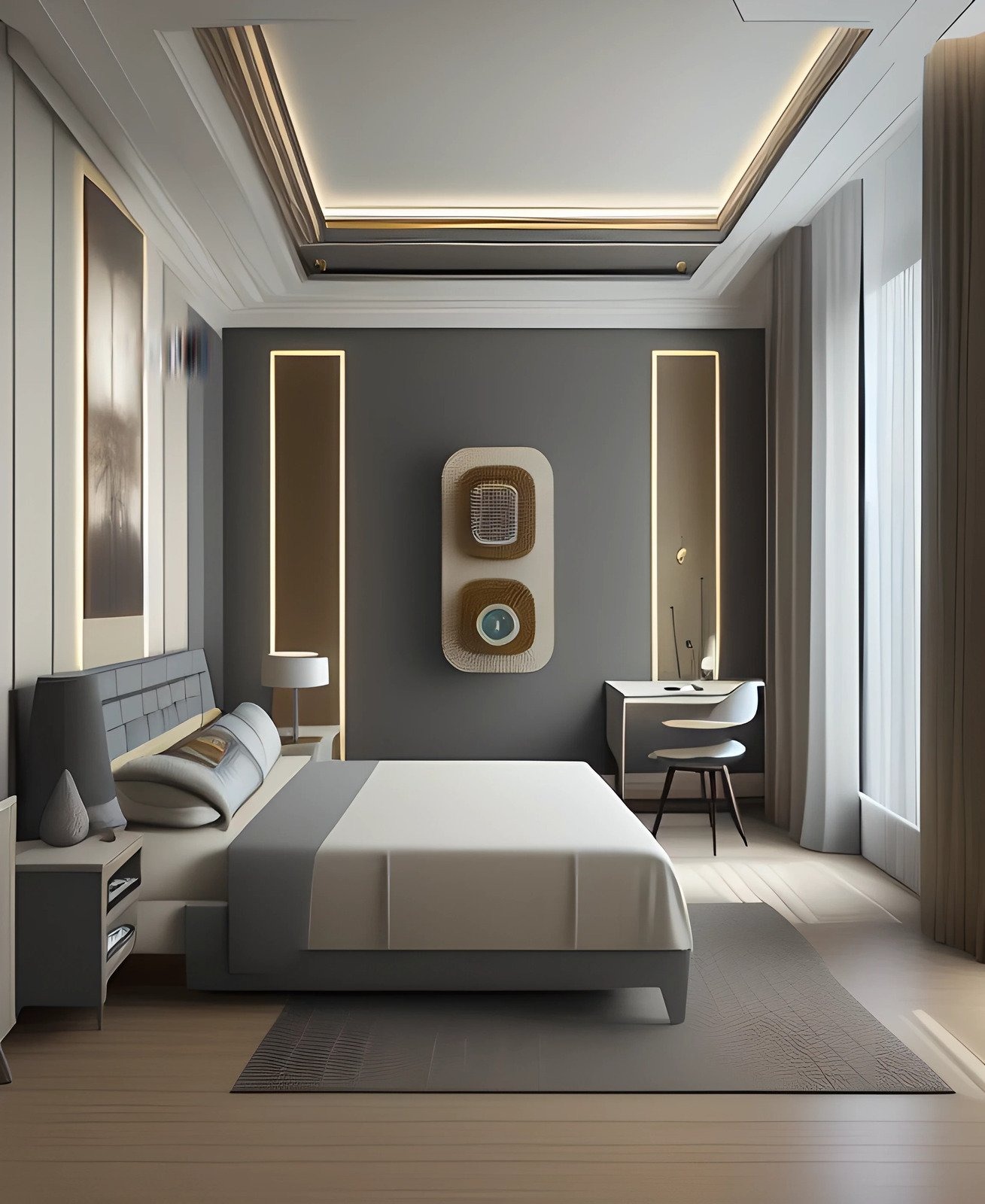 Nowoczesna sypialnia z łóżkiem w odcieniach szarości i bieli, designerskim oświetleniem sufitowym oraz dekoracyjnym panelem ściennym z okrągłymi elementami, uzupełniona minimalistycznym biurkiem...