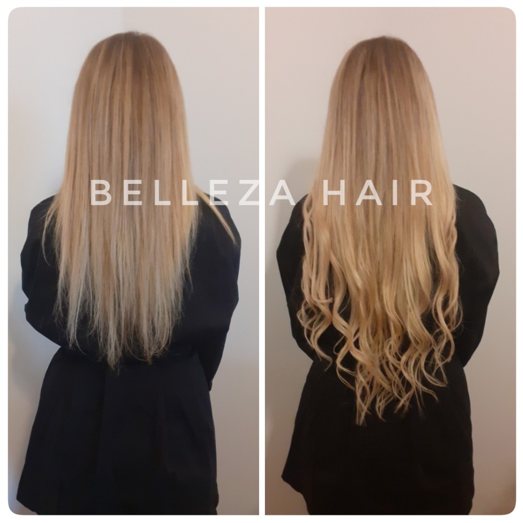 Porównanie przedłużania włosów: proste blond włosy przed zabiegiem i długie, falowane włosy po zabiegu, widok z tyłu, napis 'BELLEZA HAIR' na zdjęciu po lewej.