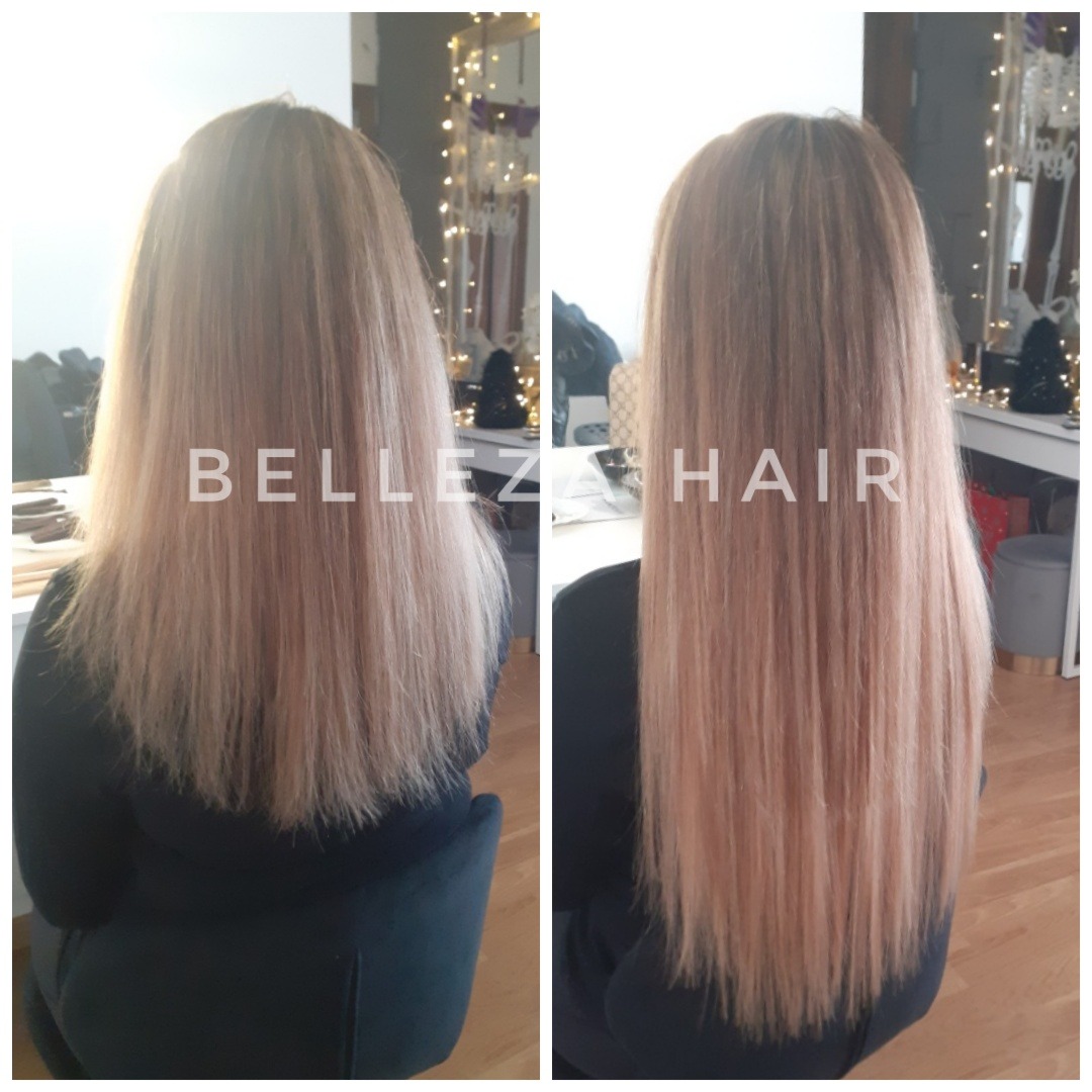 Porównanie włosów przed i po zabiegu przedłużania, widoczne różnice w długości i gęstości, odcień blond z refleksami.