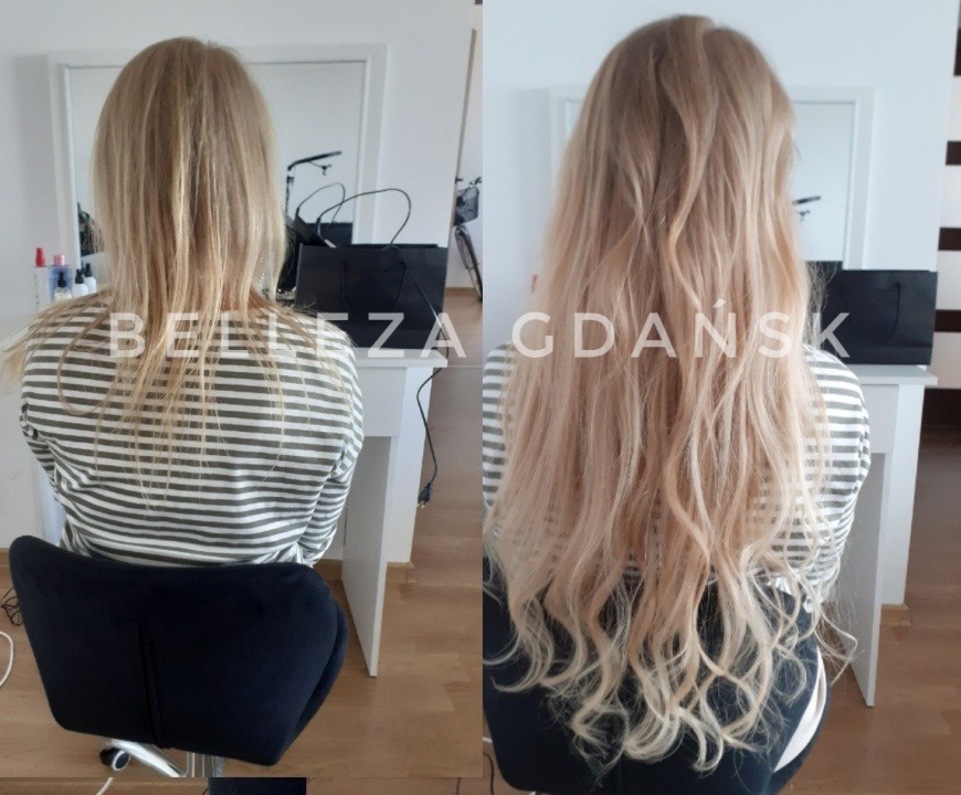 Porównanie włosów przed i po zabiegu przedłużania i koloryzacji, widok z tyłu na blond włosy sięgające do pasa, z wyraźną różnicą w długości i teksturze.