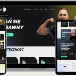 Responsywny projekt strony internetowej trenera personalnego, wyświetlany na laptopie i smartfonie, z widocznym logo i menu nawigacyjnym.