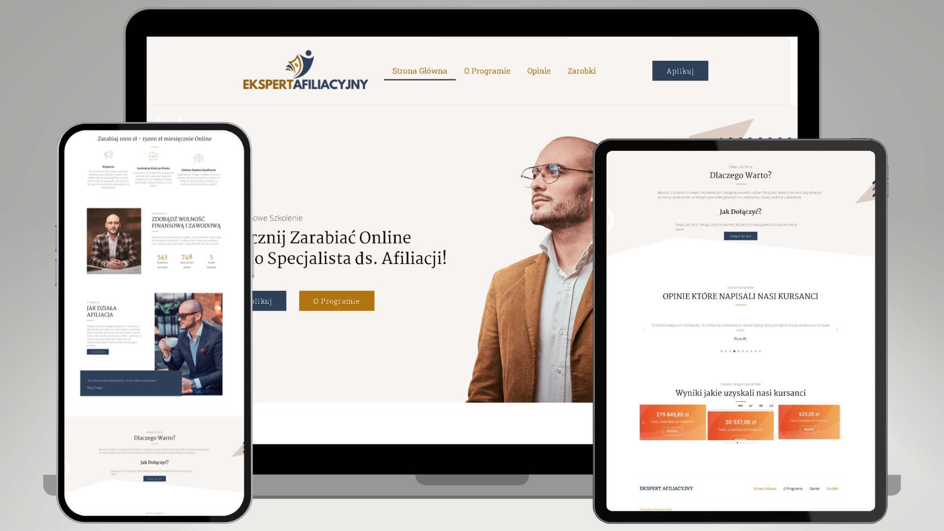 Responsywny układ strony internetowej na laptopie i tablecie, prezentujący ofertę szkolenia z zakresu afiliacji, z widocznym logo 'EkspertAfiliacyjny' oraz przykładowymi zarobkami kursantów.