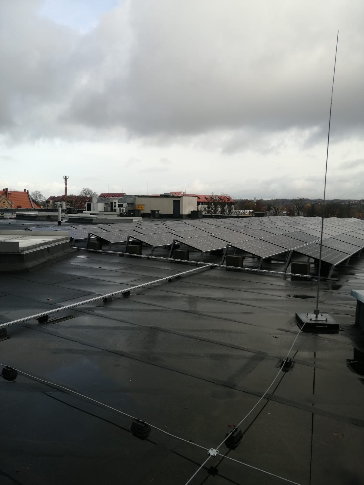 Rząd paneli słonecznych na płaskim, mokrym dachu z odgromnikiem, widok na miasto w pochmurny dzień.