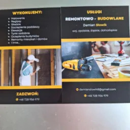 Zdjęcie wizytówki firmy remontowo-budowlanej 'Remontowo - Budowlane Damian Słowik' z listą wykonywanych usług, w tym malowanie, gładzie, docieplanie poddaszy i remonty mieszkań, oraz kontaktowym...