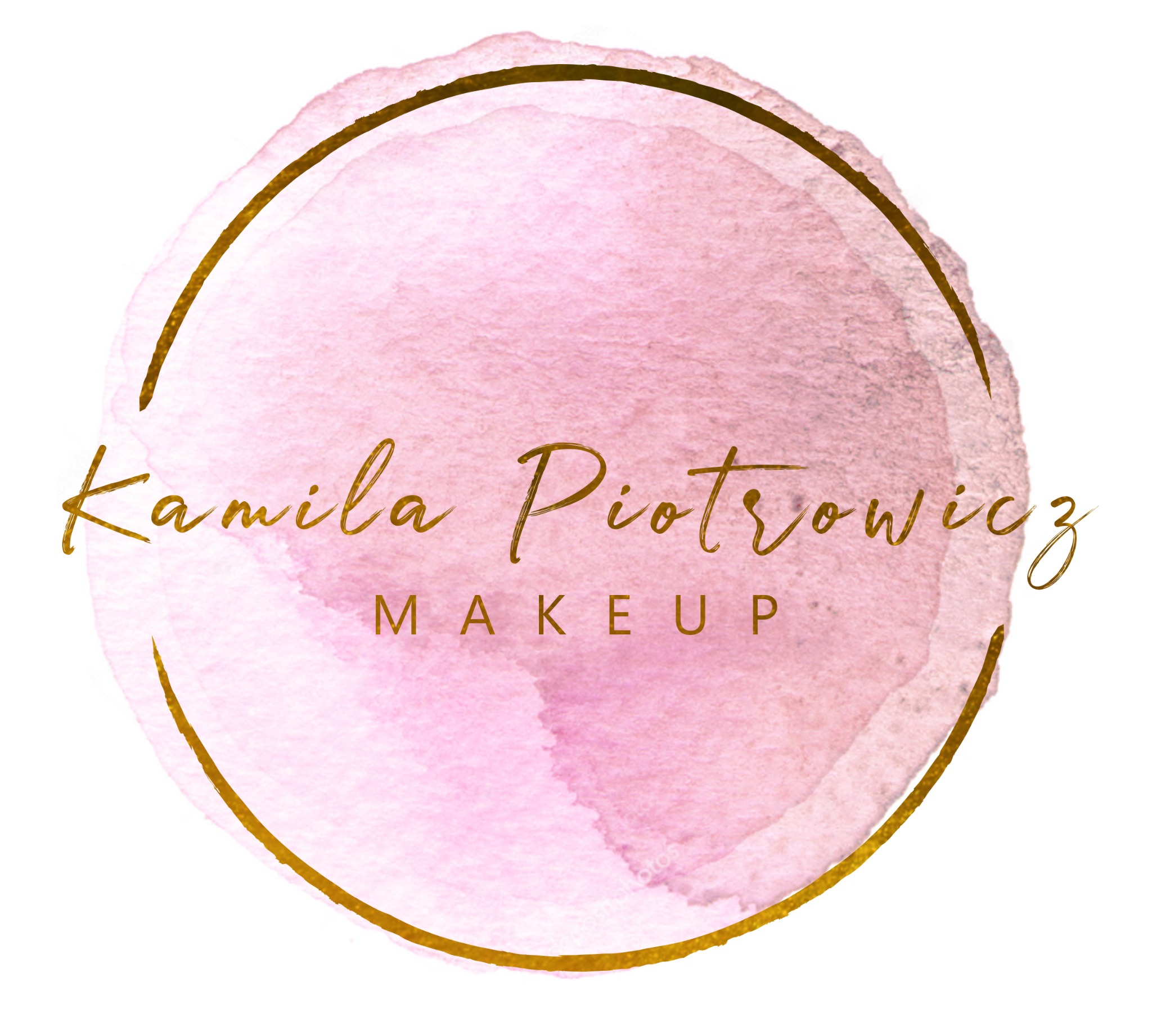 Logo firmy Kamila Piotrowicz Make Up, okrągła akwarela w odcieniach różu z napisem w kolorze złotym i obramowaniem w tym samym kolorze.