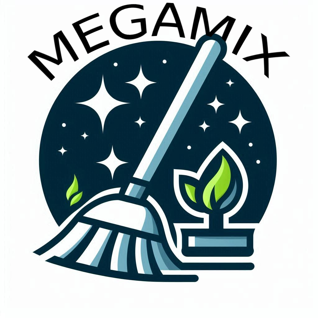 Ilustracja logo firmy sprzątającej: stylizowany wizerunek miotły na tle nocnego nieba z gwiazdami i rośliną w doniczce.