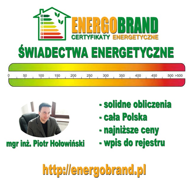 Grafika reklamowa firmy Energobrand z mgr inż. Piotrem Hołowińskim, oferującej certyfikaty energetyczne, z informacją o solidnych obliczeniach, działalności na terenie całej Polski, najniższych...