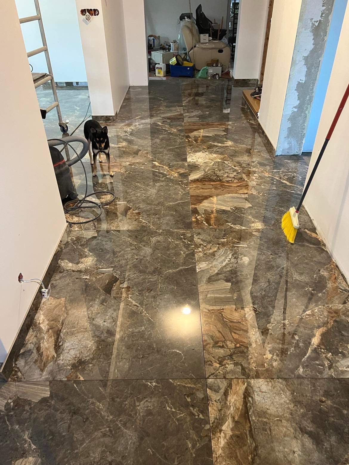 Połyskująca, brązowo-szara podłoga z płytek imitujących marmur, świeżo po ułożeniu, z widocznym odkurzaczem, drabiną, psem rasy Shiba Inu i żółtą zmiotką w tle remontowanego mieszkania.