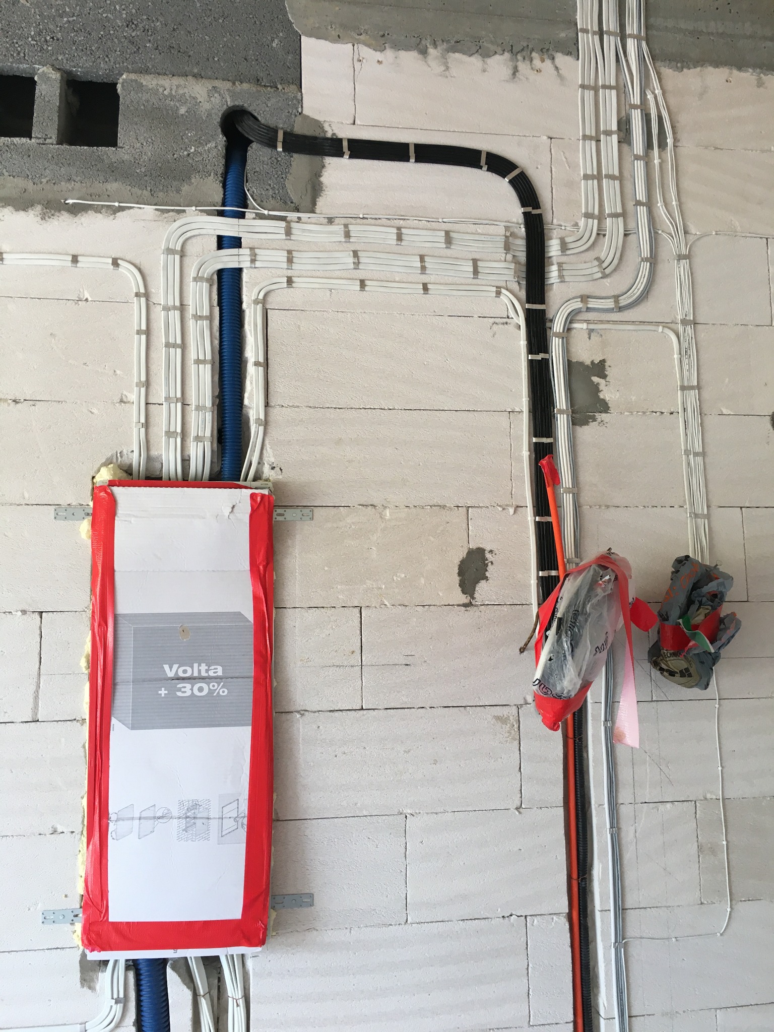 Świeżo położone przewody w peszlach i korytkach na ścianie z betonu komórkowego, zabezpieczone pianką montażową i folią pudełko z napisem 'Volta +30%', obok wiszą narzędzia w folii.