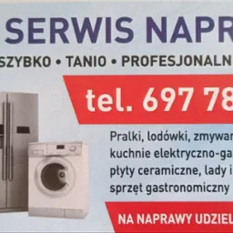 Ulotka reklamowa serwisu AGD z numerem telefonu, oferującego naprawę pralek, lodówek, zmywarek, piekarników i innego sprzętu. Na grafice stylizowane ikony urządzeń.