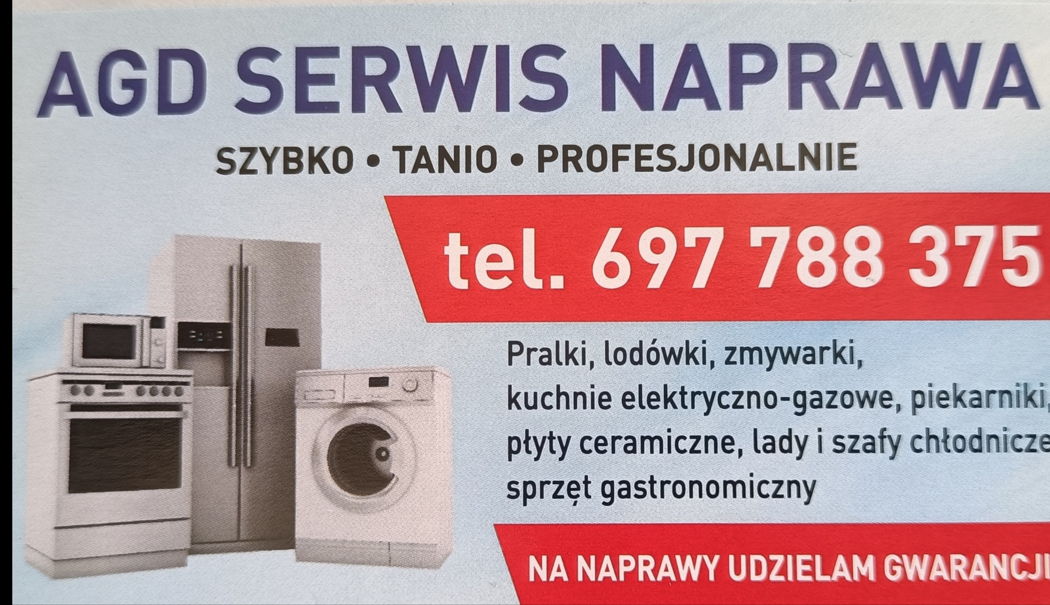 Ulotka reklamowa serwisu AGD z numerem telefonu, oferującego naprawę pralek, lodówek, zmywarek, piekarników i innego sprzętu. Na grafice stylizowane ikony urządzeń.