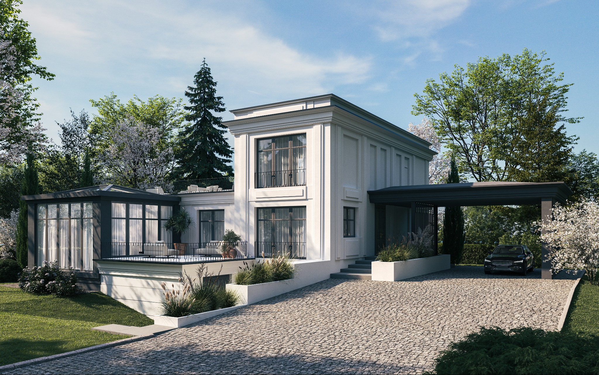 Elegancki, dwukondygnacyjny dom z płaskim dachem i balkonem, zadaszonym miejscem parkingowym i brukowanym podjazdem, otoczony zielenią. Nowoczesna architektura.