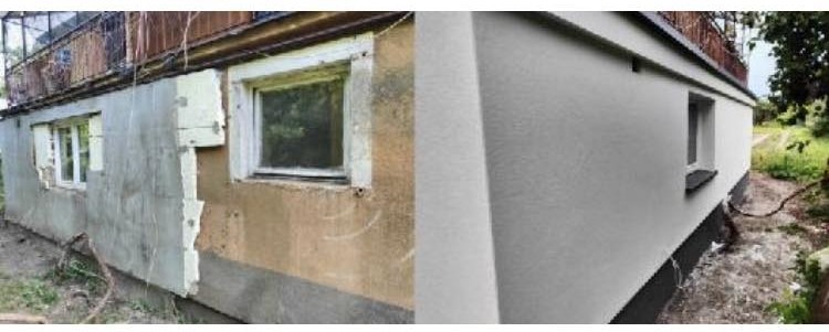 Porównanie stanu elewacji budynku przed i po: fragment starej, zniszczonej ściany z odsłoniętym ociepleniem styropianowym i nowa, gładka, szara elewacja z czarną podmurówką i obramowaniem okna.
