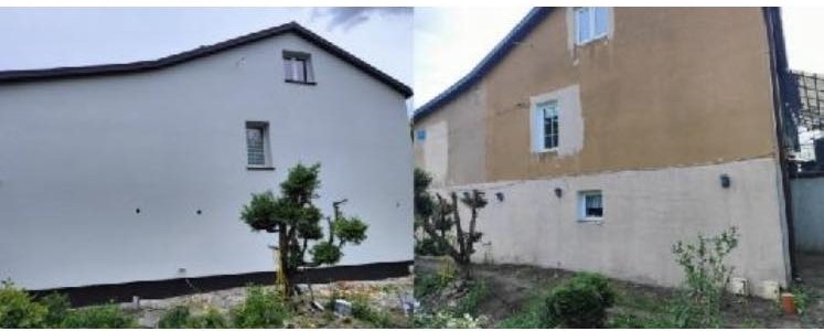 Dom jednorodzinny przed i po odnowieniu elewacji: po lewej stronie budynek z białą, gładką elewacją, po prawej stronie elewacja w kolorze beżowym z widocznymi śladami napraw i niedokładnościami.