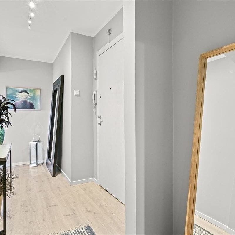 Jasne wnętrze przedpokoju z parkietem, szarą ścianą, białymi drzwiami wejściowymi i dwoma lustrami: jednym w czarnej ramie i drugim w drewnianej ramie.