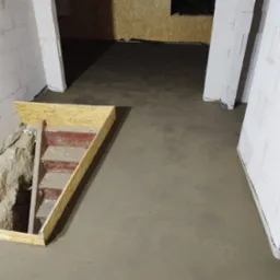 Świeżo wylana, gładka posadzka w surowym wnętrzu z białych bloczków, widoczne prowizoryczne schody do piwnicy z drewnianą obudową.