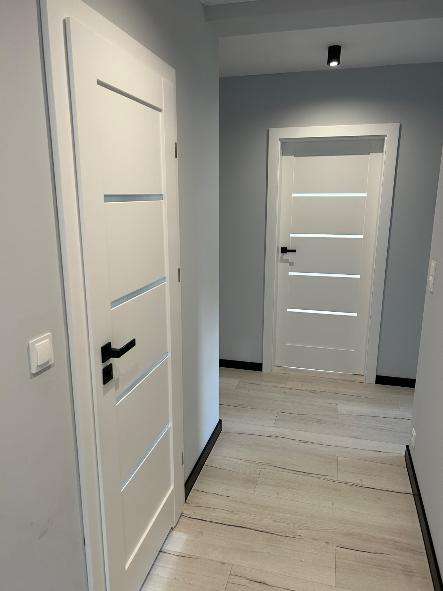Nowoczesne wnętrze: białe drzwi z czarnymi klamkami i listwami przypodłogowymi, panele podłogowe imitujące drewno, minimalistyczne oświetlenie punktowe.