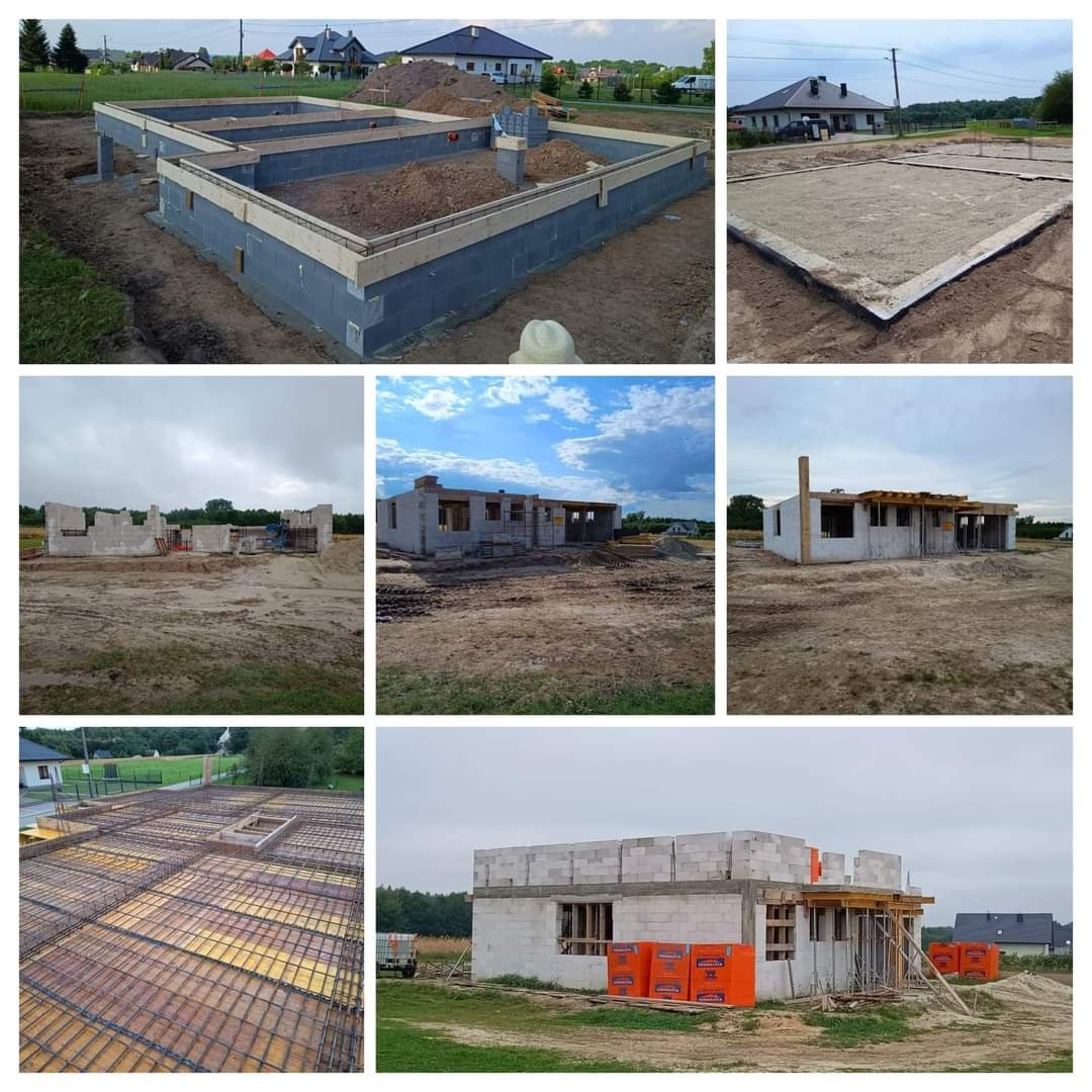 Montaż fundamentów, wylewki i ścian domu z bloczków na różnych etapach budowy, widok ogólny.