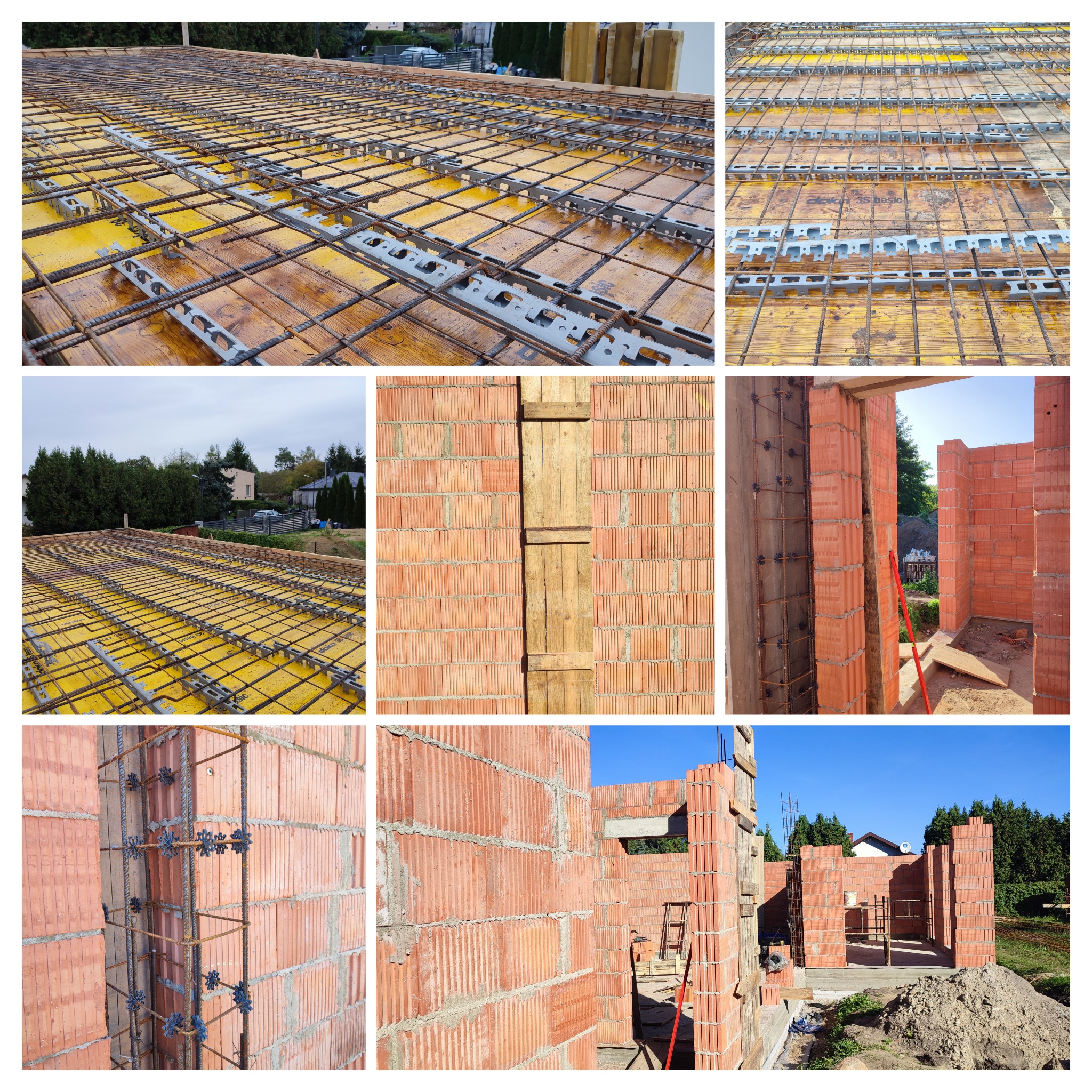 Siatka zbrojeniowa na żółtym szalunku stropu, widok z góry, oraz fragmenty muru z czerwonej cegły ceramicznej, z widocznymi elementami zbrojenia narożników i otworów okiennych.