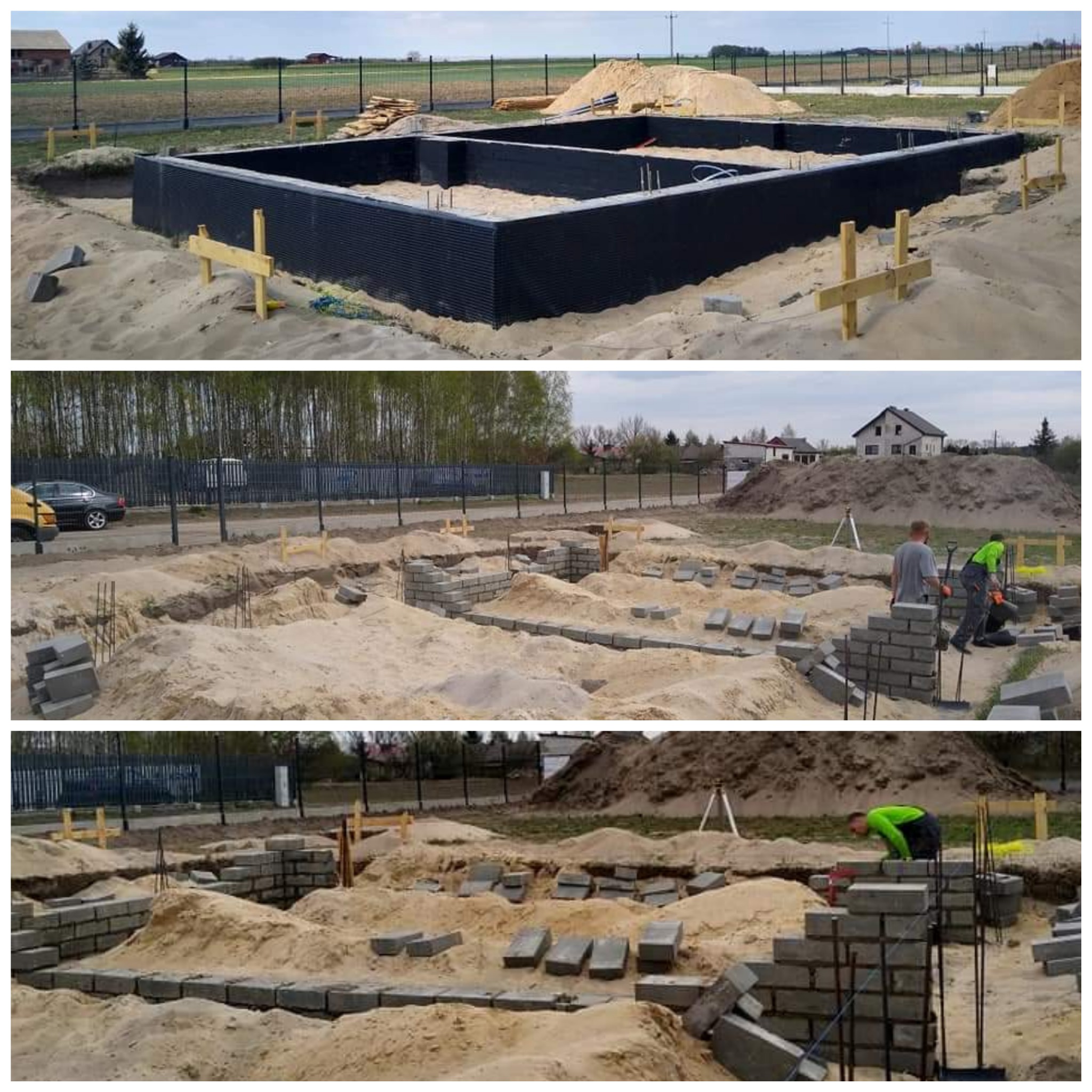 Trzy kadry z budowy: izolowane fundamenty, układanie bloczków fundamentowych, murarz w akcji przy wznoszeniu ściany fundamentowej.