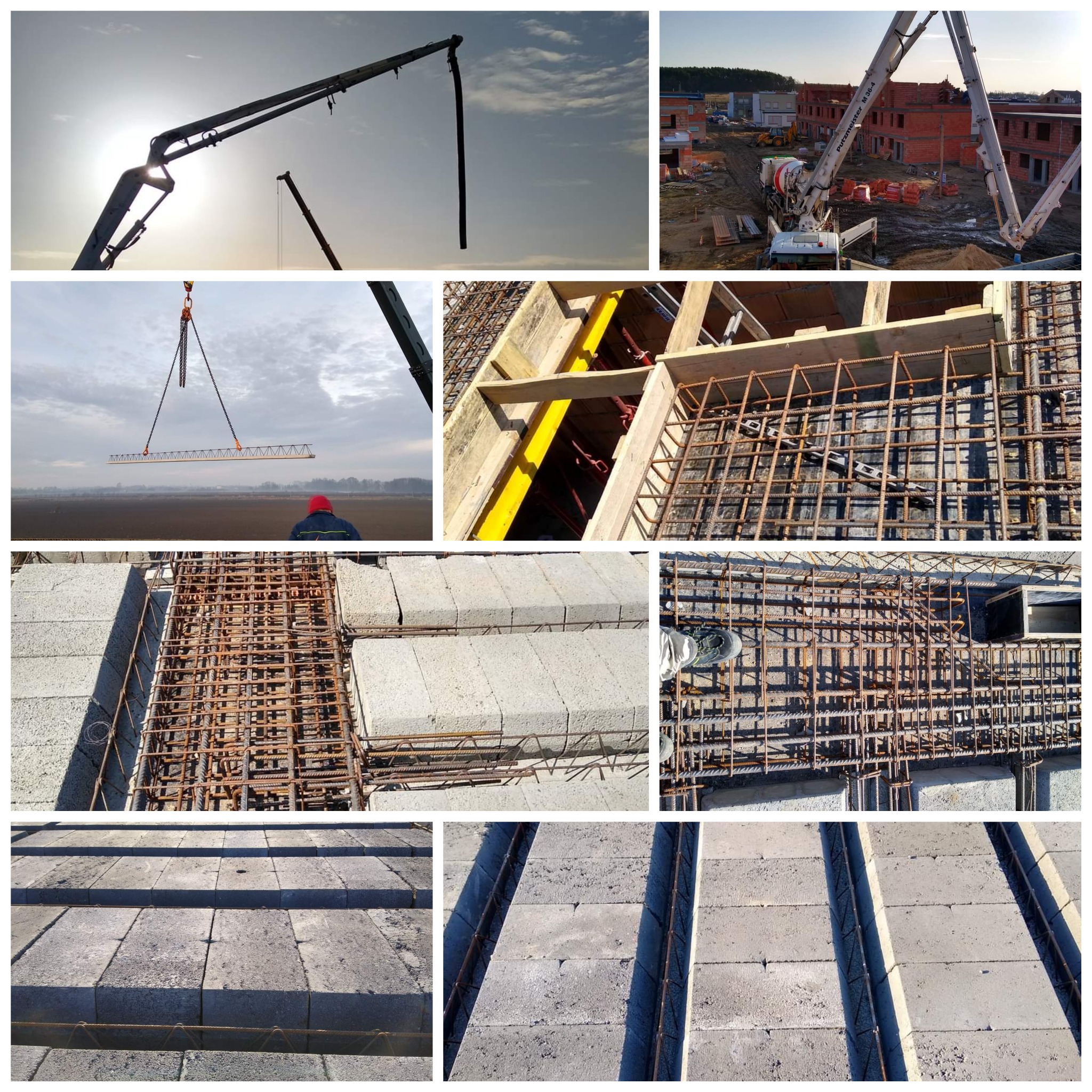 Montaż zbrojenia na budowie, widoczny dźwig z pompą do betonu, szalunki, betonowe bloczki i pracownik w oddali.