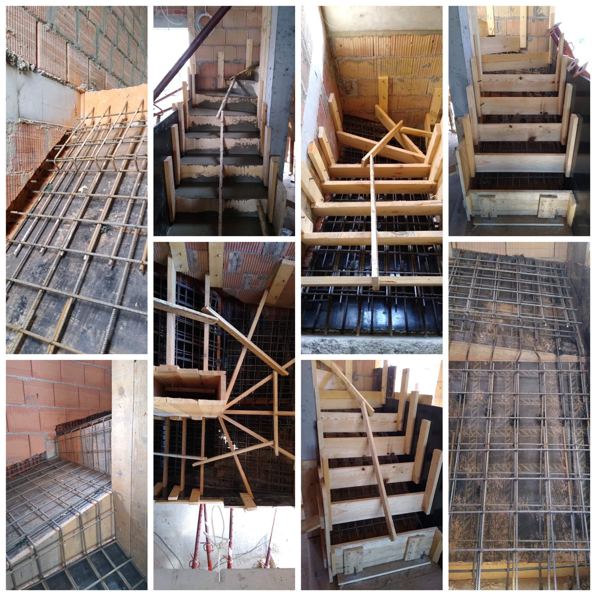 Szkielet schodów żelbetowych w trakcie budowy, widoczne zbrojenie i drewniane szalunki, ceglany mur w tle.