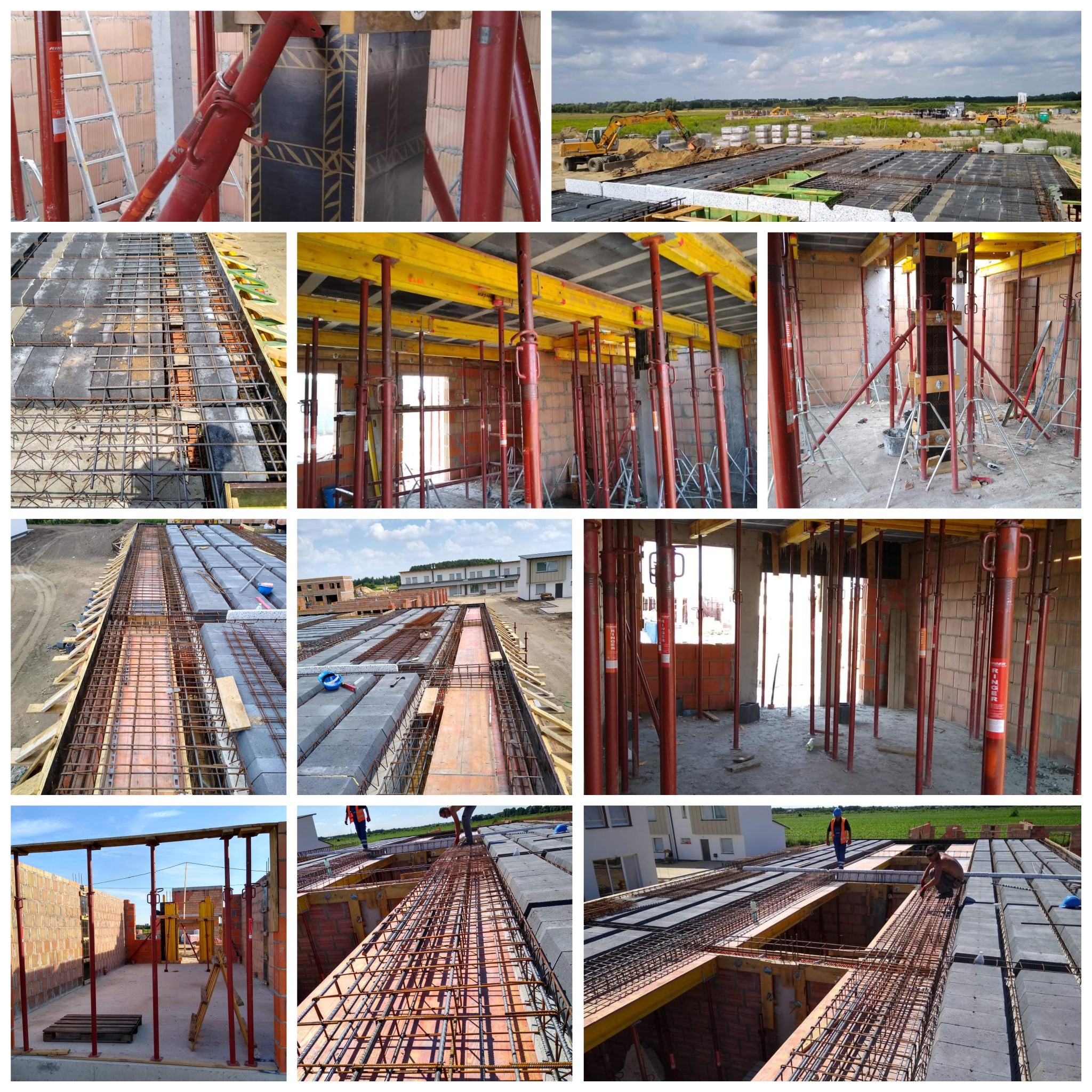 Szkielet żelbetowy stropu z widocznym zbrojeniem i deskowaniem, wsparty na czerwonych stemplach budowlanych; w tle plac budowy z ciężkim sprzętem.