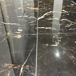 ELEWACJE I REMONTY ADAM CYRANIAK - Błyszcząca posadzka z czarnych płytek imitujących marmur z wyraźnym, złotym i białym użyleniem, widoczne fugi i odbicie światła.