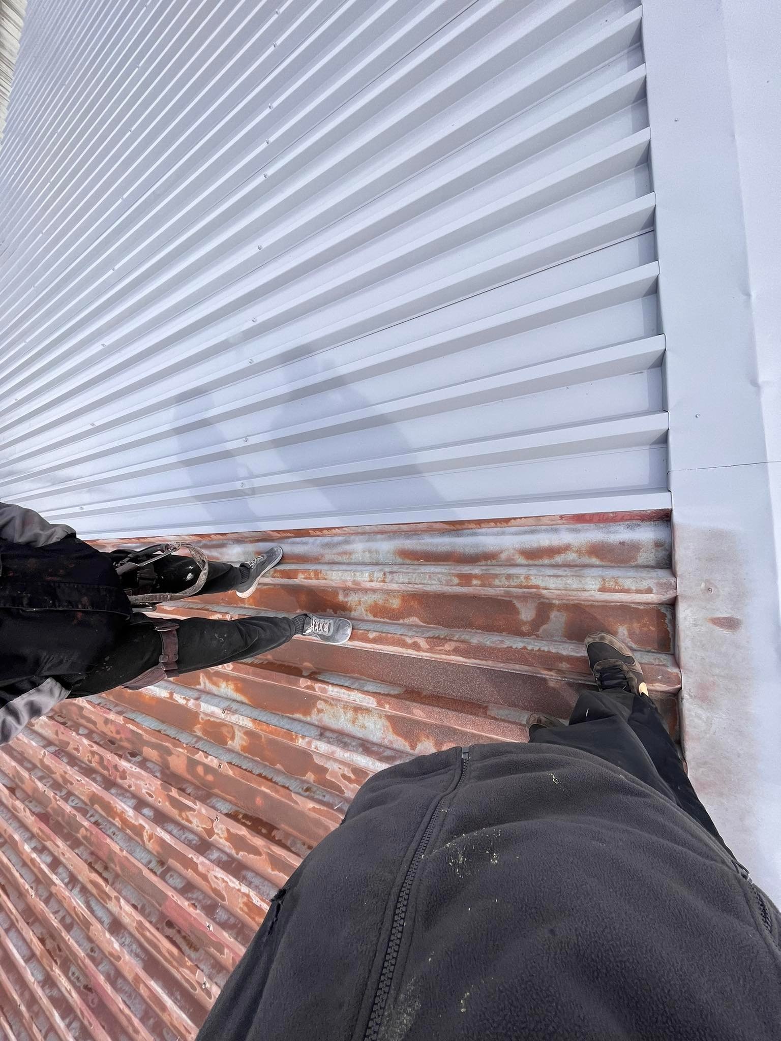 Metalowy dach częściowo pomalowany na biało, z widoczną rdzawą, starą powłoką i dwoma osobami stojącymi na dachu w uprzężach zabezpieczających.