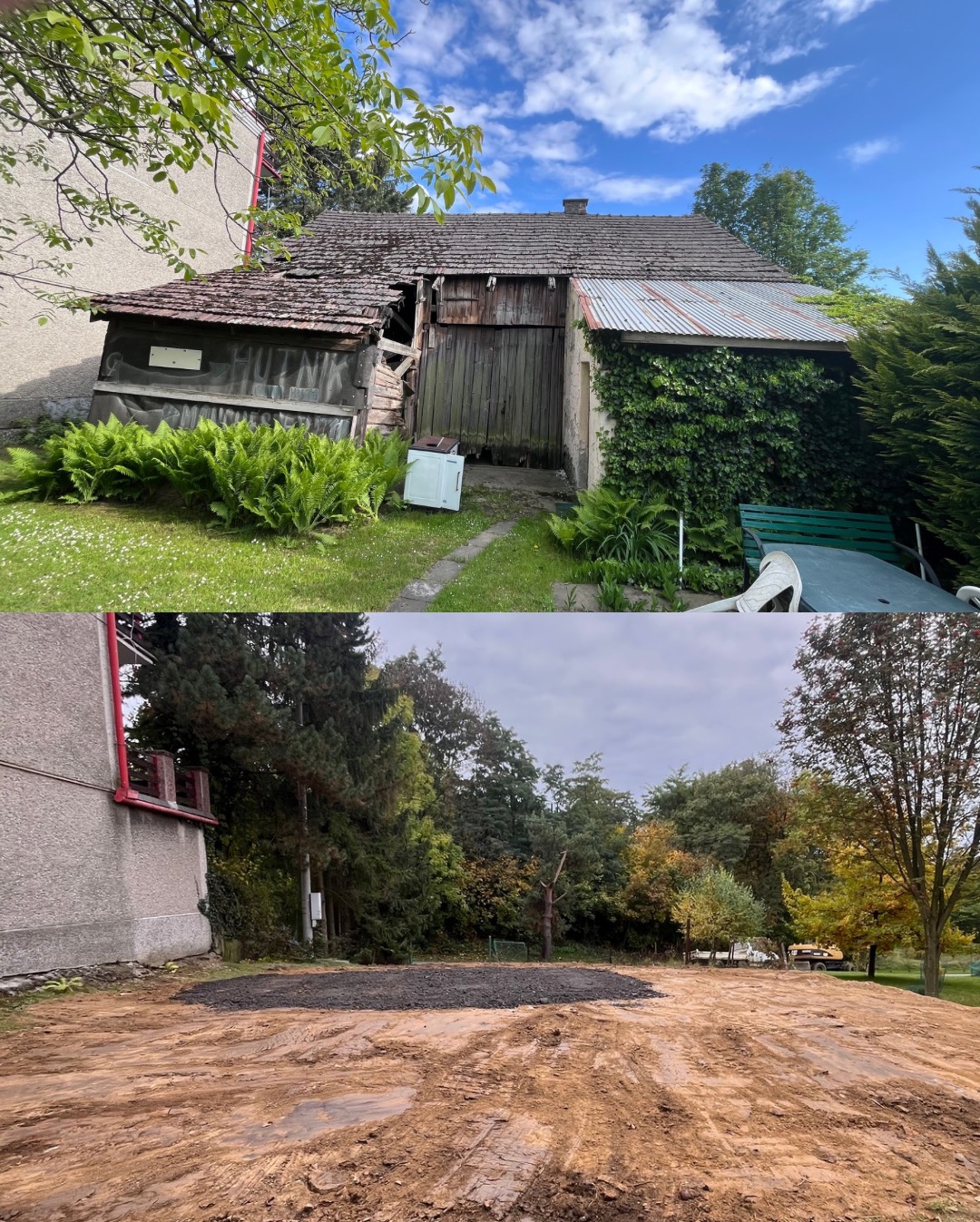 Wyburzenie domu i stodoły, wywiezienie odpadów, wysypanie 3 miejsc parkingowych z kamienia, zdjęcie przed i po pracach