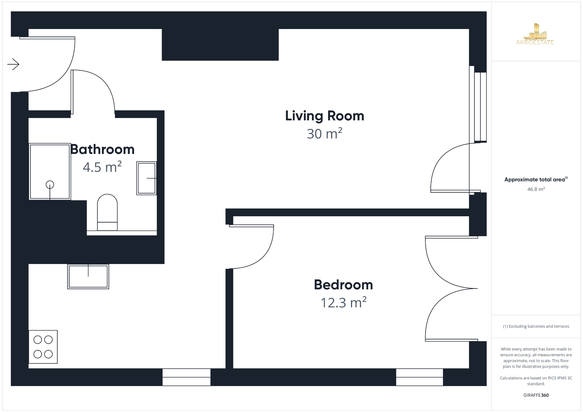 Rzut mieszkania z salonem (30m2), sypialnią (12.3m2) i łazienką (4.5m2). Całkowita powierzchnia 46.8m2. Grafika Akroestate prezentuje układ pomieszczeń.