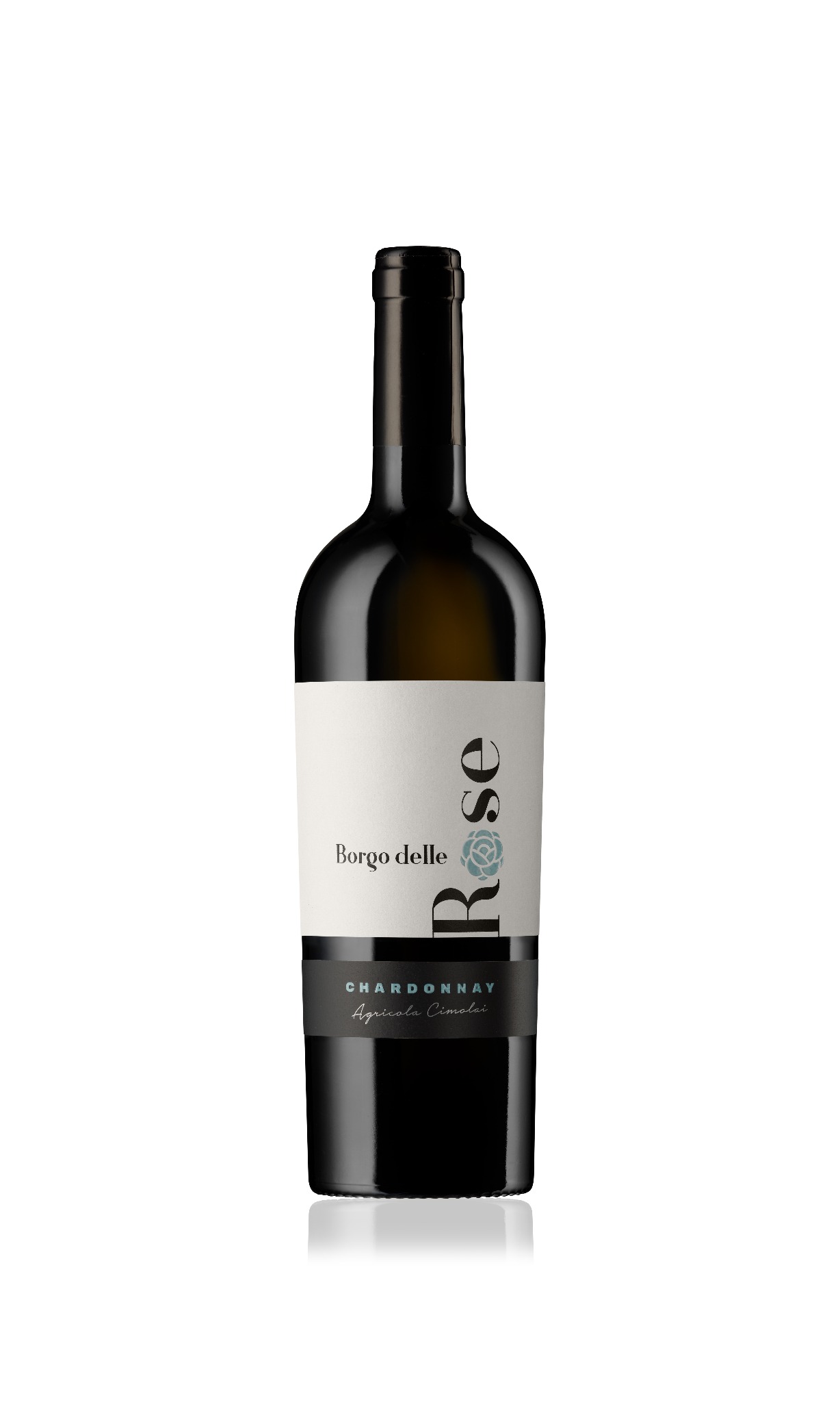 Butelka wina różowego Chardonnay Agricola Cimolai Borgo delle Rose na białym tle z refleksami.