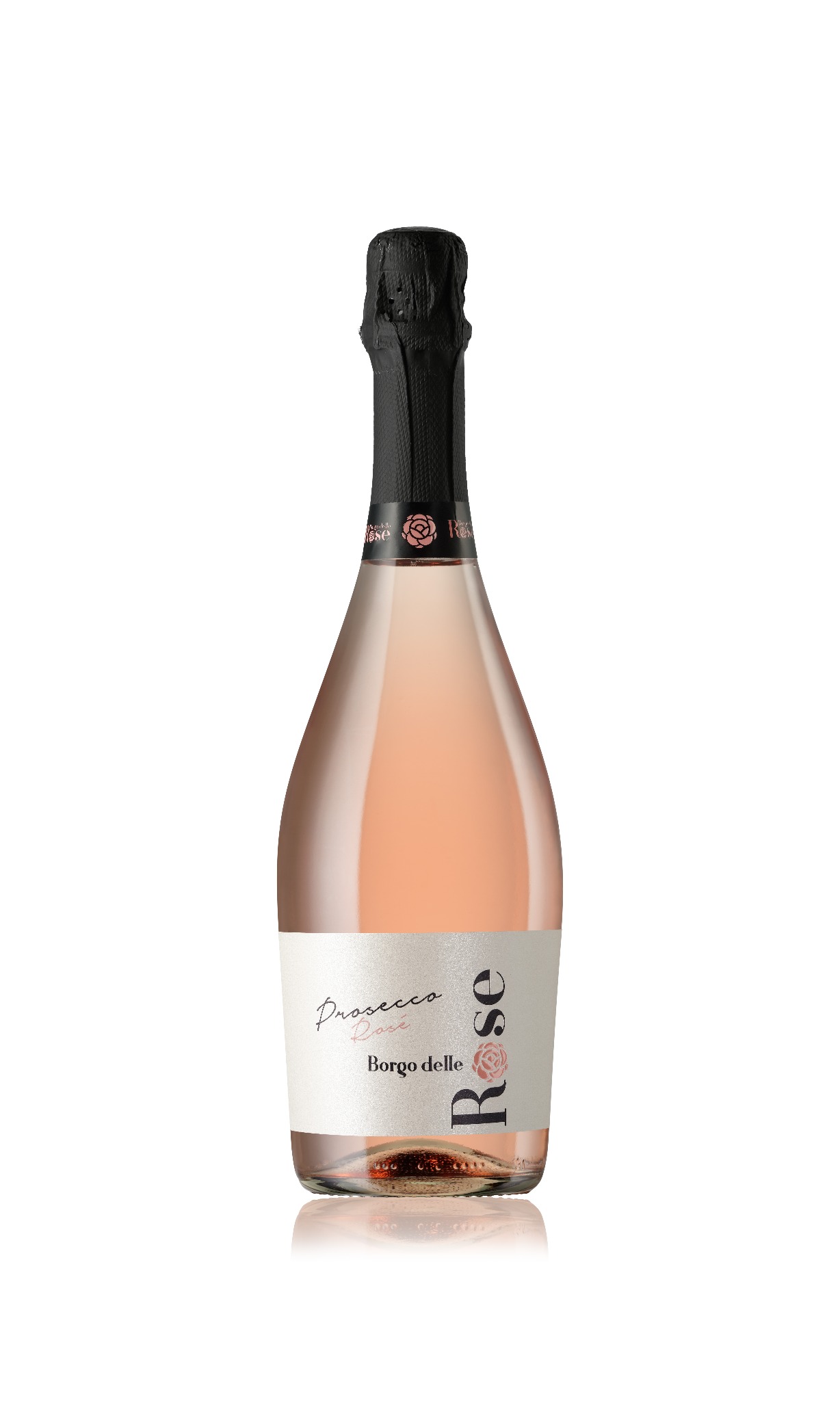 Butelka różowego Prosecco Rose Borgo delle Rose z czarnym kapslem na szyjce i etykietą z kwiatowym motywem, na białym tle.