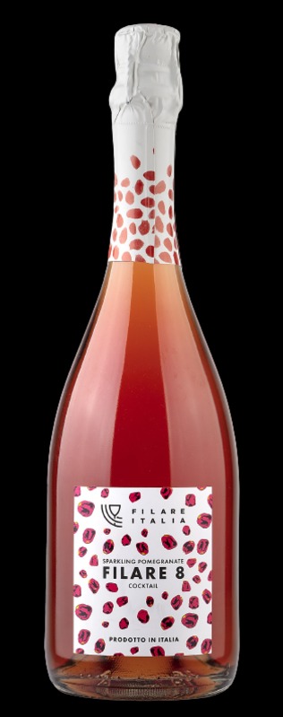 Butelka różowego, musującego koktajlu granatowego Filare Italia z białą etykietą w czerwone plamki, na czarnym tle.