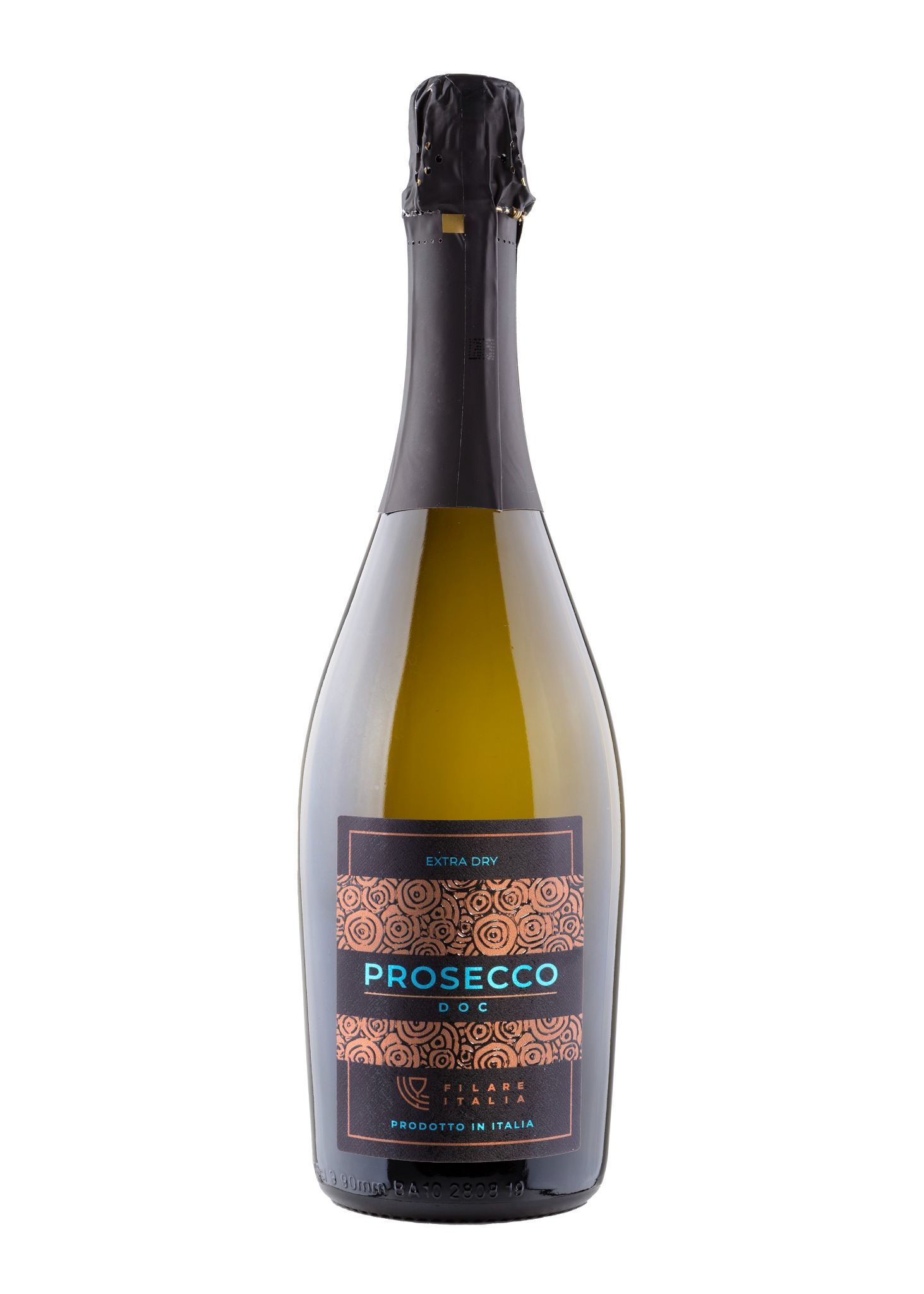 Butelka Prosecco Extra Dry DOC z czarną etykietą zdobioną złotymi wzorami, sfotografowana na białym tle.