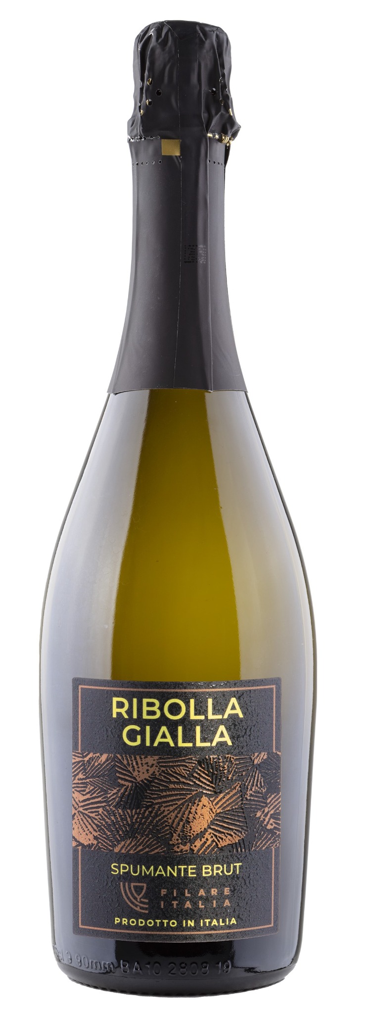 Butelka włoskiego wina musującego Ribolla Gialla Spumante Brut na białym tle, z czarną etykietą z motywem liści palmowych.