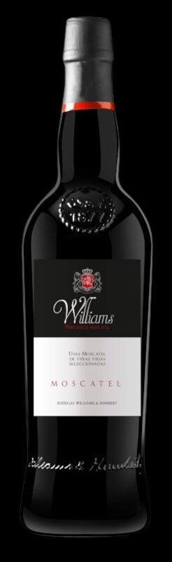 Butelka ciemnego wina Moscatel Williams z wytłoczonym rokiem 1877 i dekoracyjną etykietą na czarnym tle.