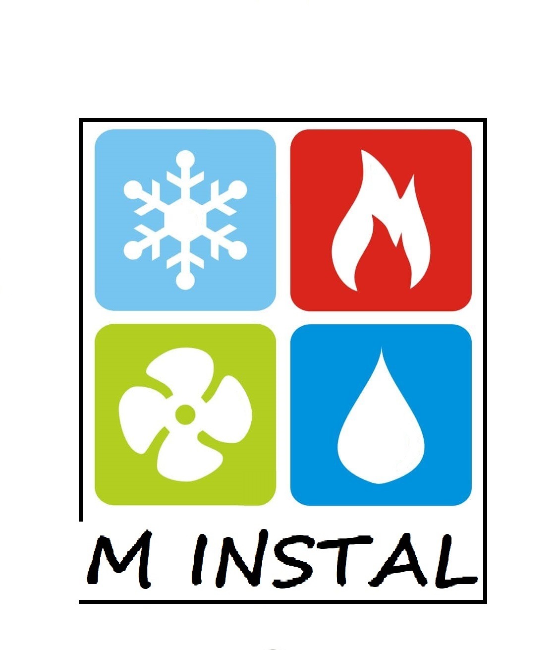 Logo firmy M Instal przedstawiające cztery ikony w kwadratach: płatek śniegu, płomień, wentylator i kroplę wody.