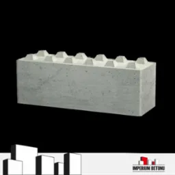 Szary betonowy element budowlany z charakterystycznymi wypustkami na górze, umieszczony na czarnym tle z logo firmy Imperium Betonu.