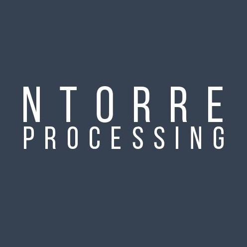 Logo firmy NTORRE PROCESSING na ciemnoniebieskim tle, napisane białą, prostą czcionką.