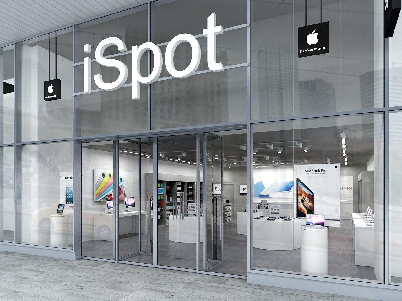 Eleganckie wejście do salonu iSpot z przeszkloną fasadą, prezentujące minimalistyczne wnętrze z ekspozycją produktów Apple, w tle widoczne budynki miejskie.